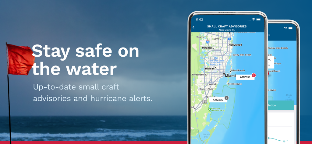 BoatUS app interface showing small craft advisories and marine weather alerts on a map