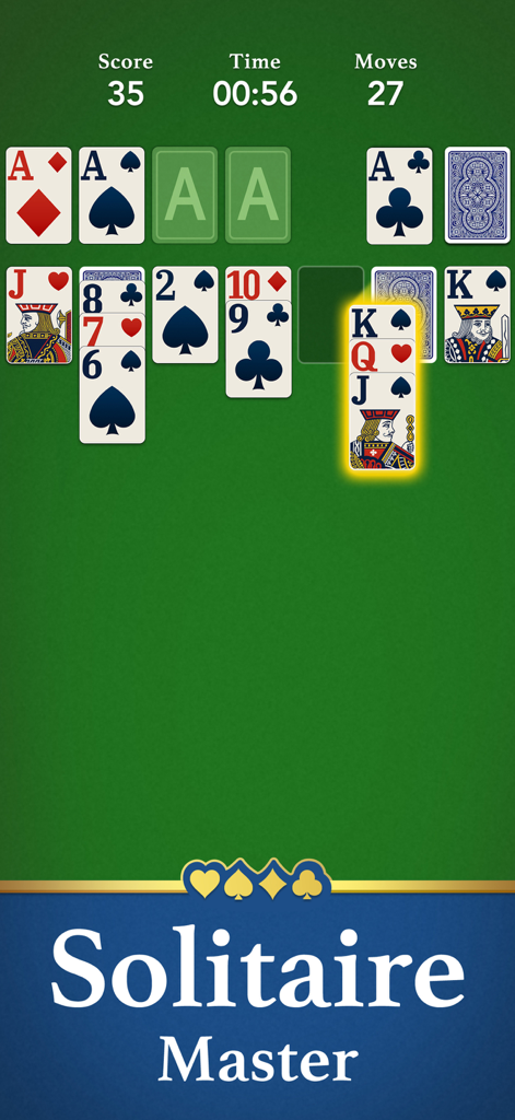 Interfaz del juego clásico de Solitario Klondike con cartas sobre un fondo verde