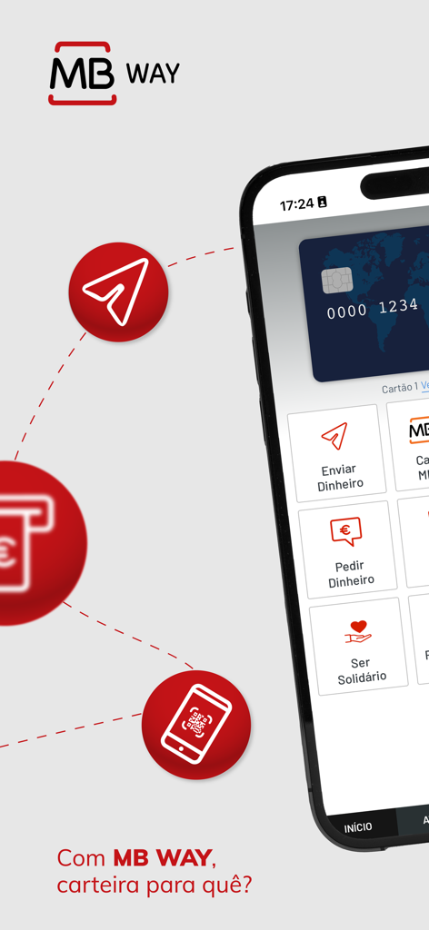 Interface da aplicação móvel MB WAY mostrando opções de serviços financeiros como envio e pedido de dinheiro