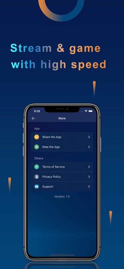 HulaVPN Pro - Fast Secure VPN - HulaVPN Pro app settings menu screen with a headline highlighting high speed streaming and gaming
