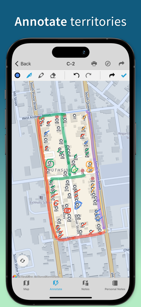 La interfaz de la aplicación Territory Helper muestra un mapa con anotaciones dibujadas a mano y marcadores para territorios de servicio de campo