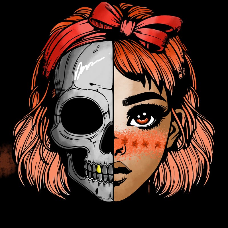 realistic girl with half skull mask