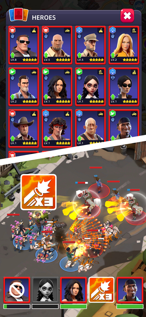 Idle Survivor Fortress Tycoon - Interface showing hero characters and a battle scene with survivors fighting zombies