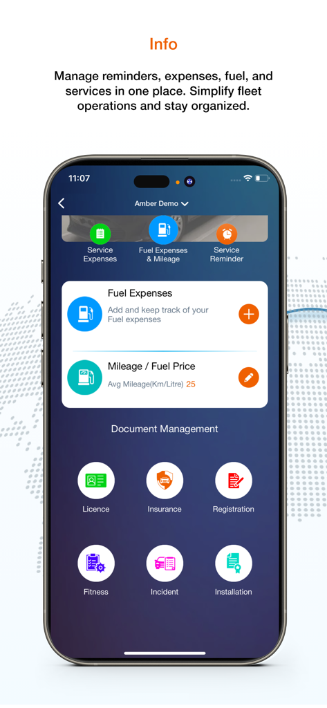 Amber Fleet Connect app interface showing vehicle expenses and document management