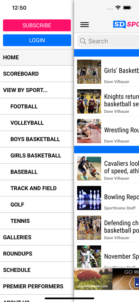 SD SportScene - SD SportScene mobile app interface showing a navigation menu with local sports categories like football and basketball
