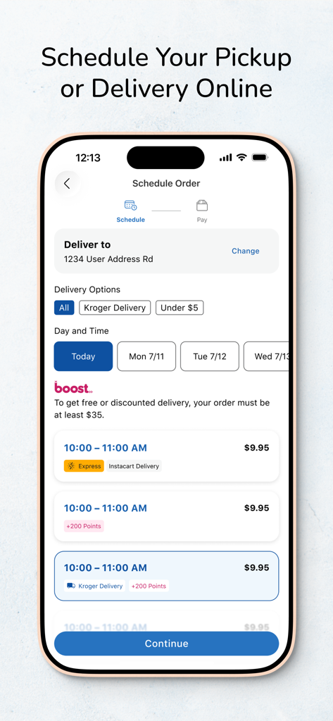 Kroger mobile app screen showing options to schedule a grocery pickup or delivery with specific time slots and pricing