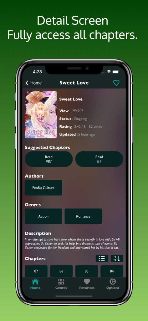 Ein mobiler Bildschirm aus der MangaKakalot-App, der Informationen zu einem Manga-Titel anzeigt, einschließlich seiner Beschreibung, Genres und verfügbaren Kapitel