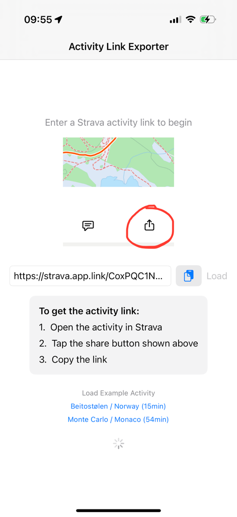 Data Export for Strava - Interface of the Data Export for Strava app showing where to paste a Strava link to download activity data