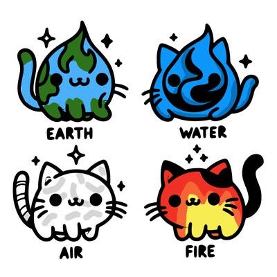 4 cats that represent the different elements, earth, water, air, and fire