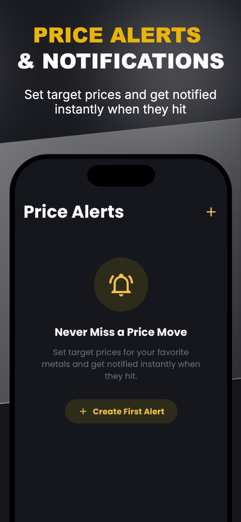 Gold Price Tracker: MetalFolio - MetalFolio app screenshot showing price alerts and notifications setup for precious metals