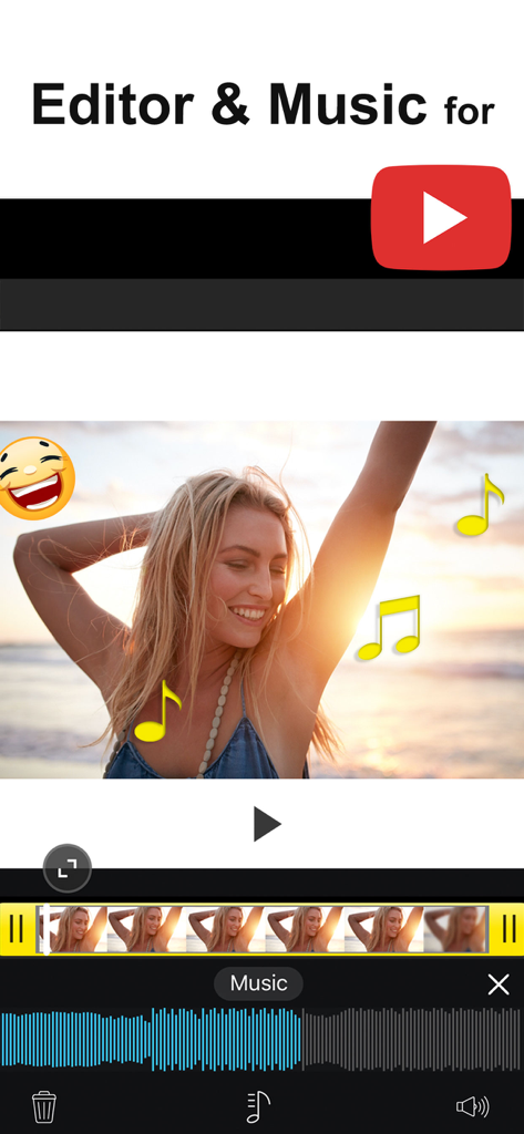 비디오 클립에 음악 파형과 이모티콘 스티커를 보여주는 비디오 편집 앱 인터페이스.
