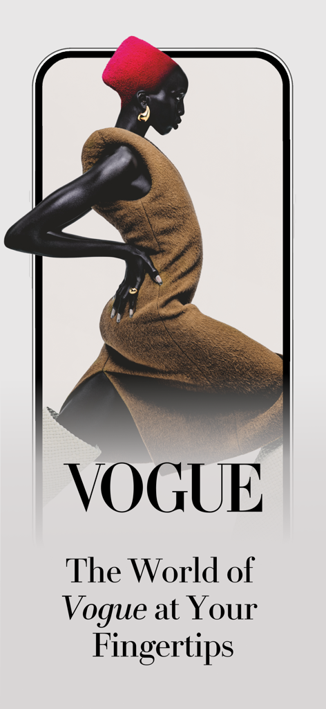 Vogue: Fashion & Shopping - Vogue app intro screen featuring a high-fashion model and the text The World of Vogue at Your Fingertips