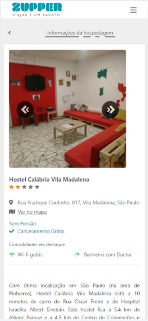 Zupper Viagens - Interface do aplicativo móvel Zupper Viagens mostrando detalhes de acomodação e imagens de um hostel em São Paulo, Brasil
