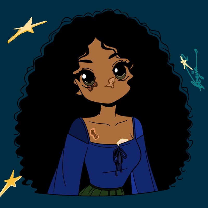 a black anime girl with long afro hair