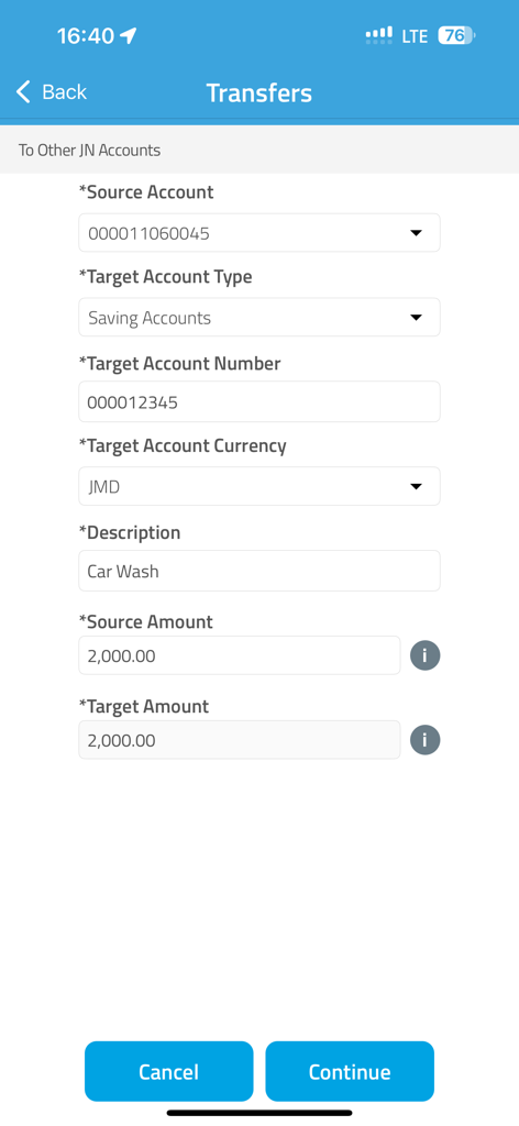 JN Bank LIVE Personal - A mobile app screen for JN Bank LIVE Personal showing a money transfer form with fields for source account, target account number, description, and currency.