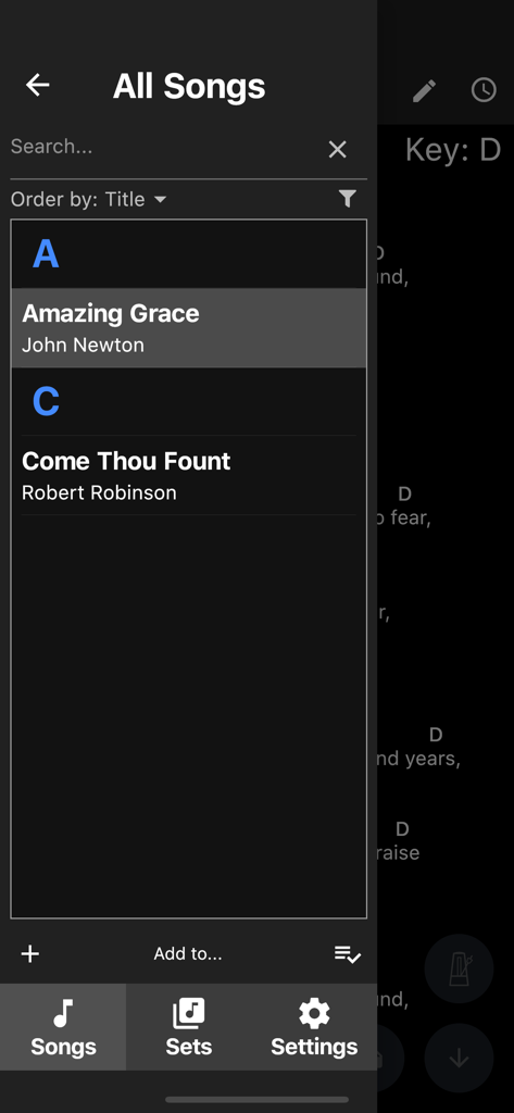 SongbookPro - Digital Songbook - SongbookProモバイルアプリのインターフェイスに、検索および並べ替えオプション付きのデジタル曲リストが表示されています