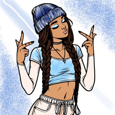 realistic teenage girl with braids and a beanie and crop top doing 🫶🏼