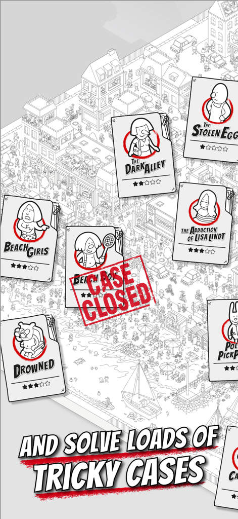 MicroMacro: Downtown Detective - Multiple criminal case files displayed over a detailed hand-drawn city map with a Case Closed stamp.