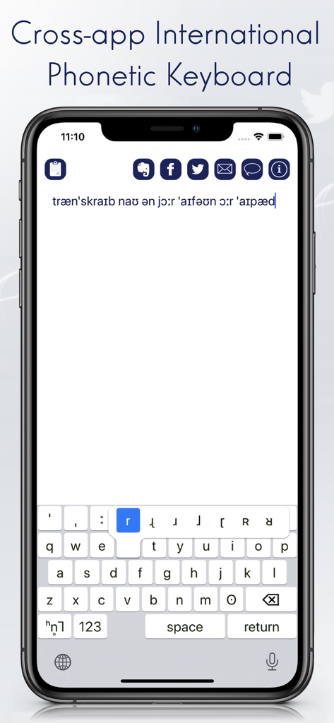 Pantalla de iPhone que muestra la aplicación de teclado IPA con texto de transcripción fonética y selección de caracteres.