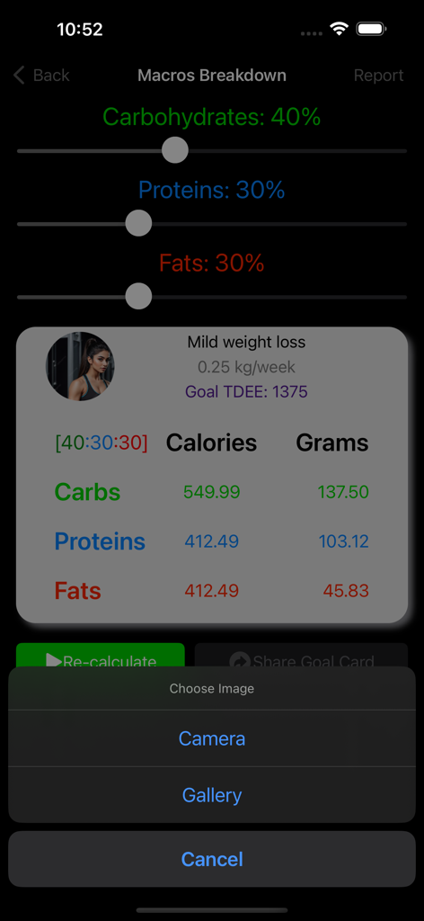 TDEE calculator interface showing macros breakdown and a weight goal card for weight loss