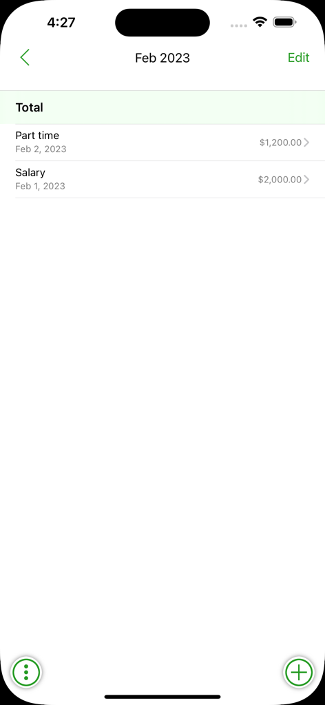 A screenshot of the Simple Family Accounting app displaying monthly income entries for February 2023 including salary and part time earnings.