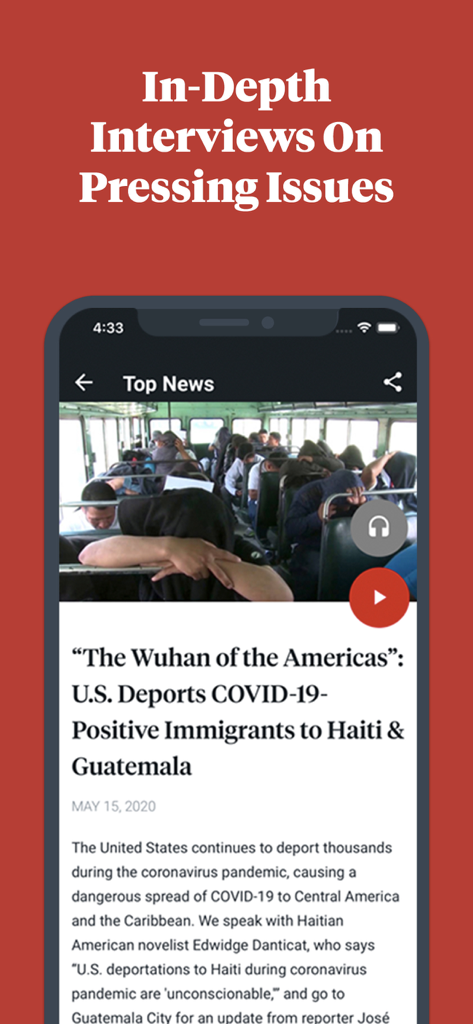 Democracy Now! - Democracy Now app displaying an in-depth news article about US deportations during the pandemic with audio and video options