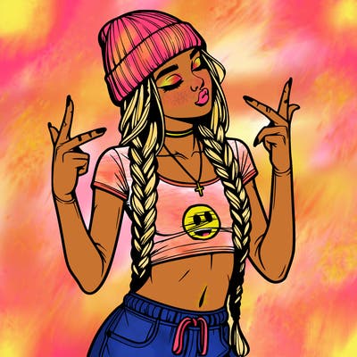 realistic teenage girl with braids and a beanie and crop top doing 🫶🏼