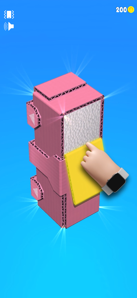 Open The Box - Une main déplie un rabat jaune sur une boîte en carton rose dans le jeu mobile Open The Box