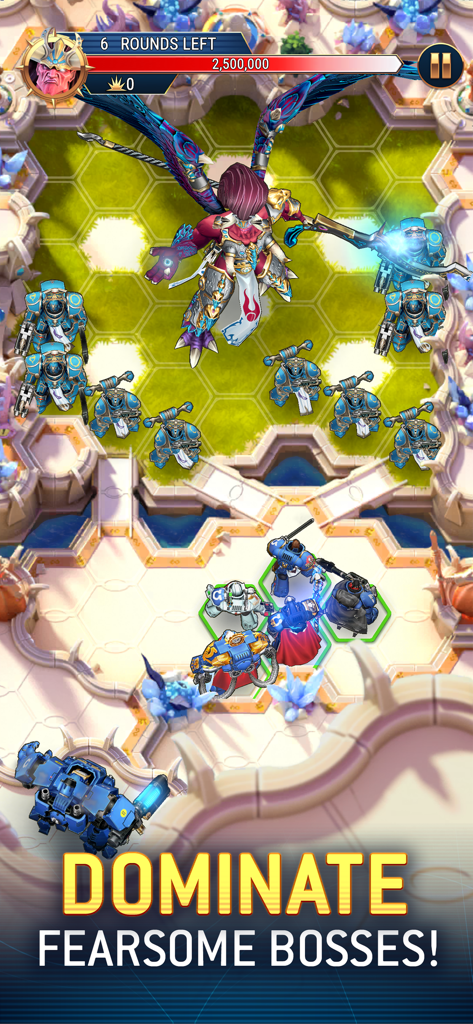 Space Marines che affrontano un enorme boss alato in una battaglia tattica a turni su una griglia esagonale