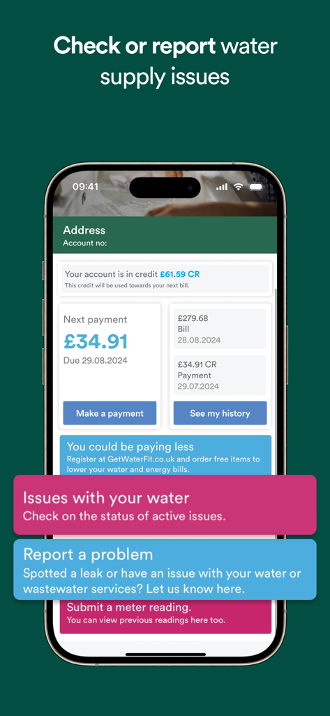 Pantalla de la aplicación United Utilities que muestra el saldo de la cuenta de agua y las funciones de notificación.