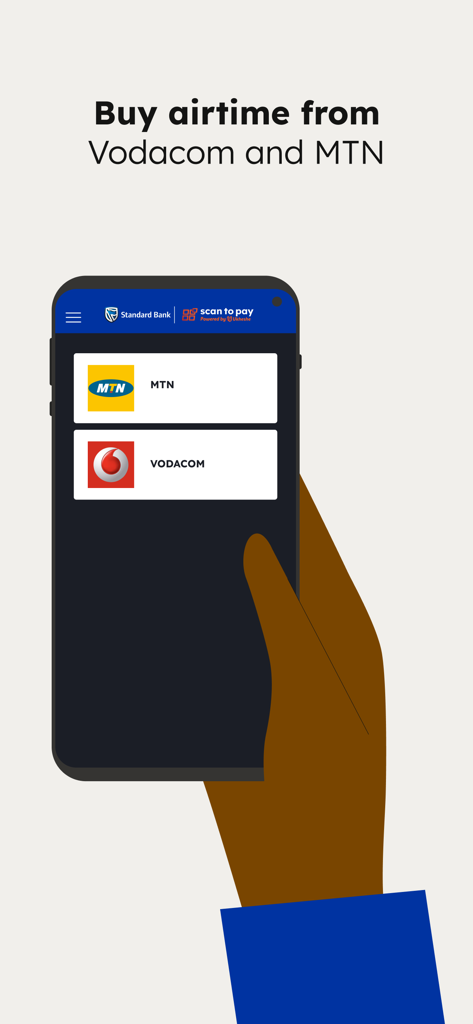 Standard Bank Scan to Pay app screen showing MTN and Vodacom airtime purchase options