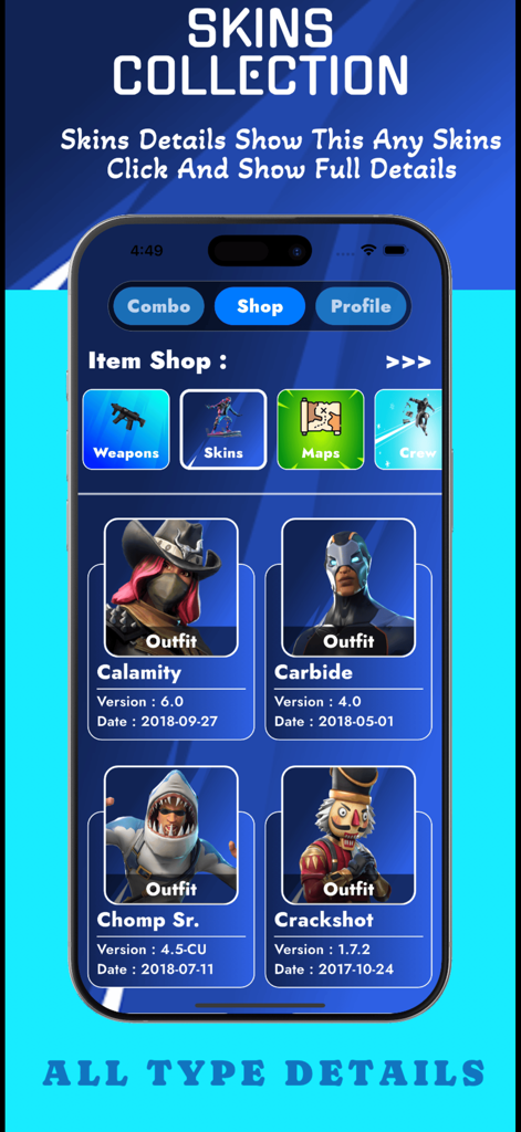 Battle Royale Stats: Fortnite - Skins collection screen in the Battle Royale Stats app showing Fortnite outfits like Calamity Carbide and Crackshot