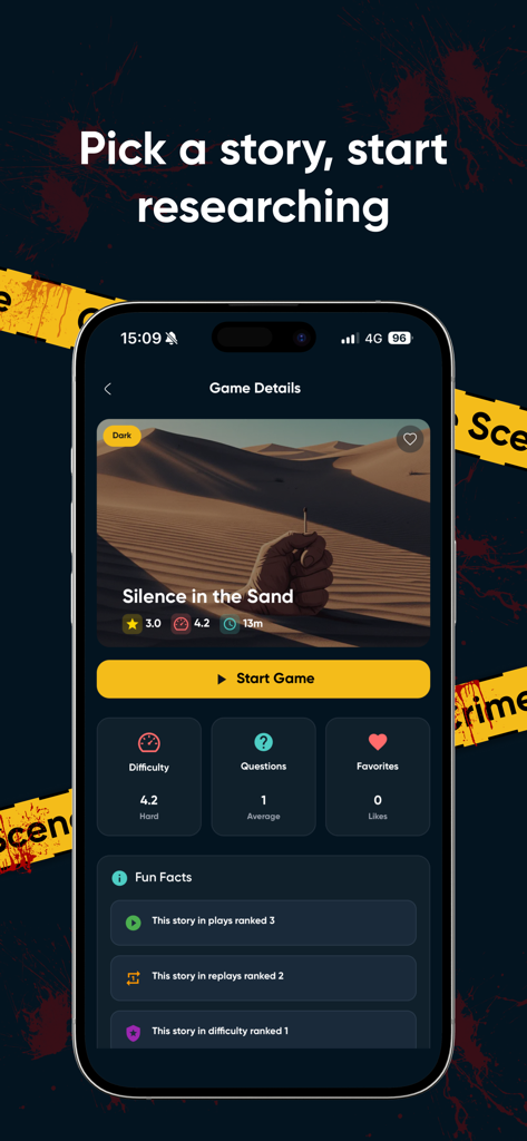 What Happened? Be a detective! - 난이도 등급과 시작 버튼이 포함된 모래 속의 침묵이라는 미스터리 사건의 세부 정보를 보여주는 모바일 게임 화면