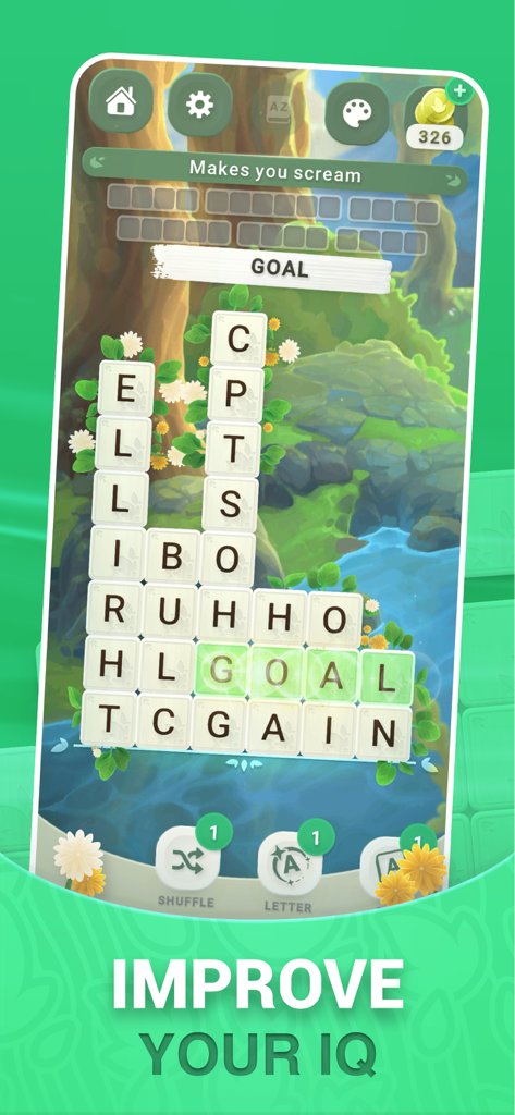 Word Block puzzle game screenshot showing a word search challenge with a scenic nature background