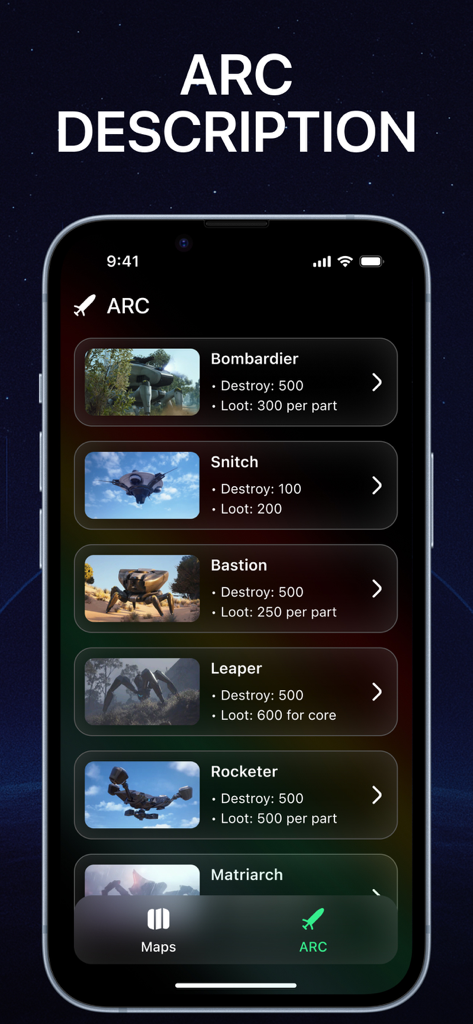 Map Raiders - Arc Helper - Mobile app screen displaying a list of Arc Raiders enemies with destruction and loot statistics for each machine type.