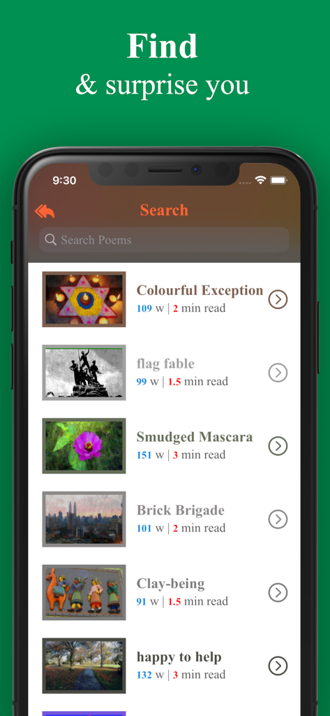 Poetik: On Poems and Poetry - Interfaz de búsqueda de la aplicación Poetik que muestra una lista curada de poemas con tiempos de lectura e imágenes en miniatura.