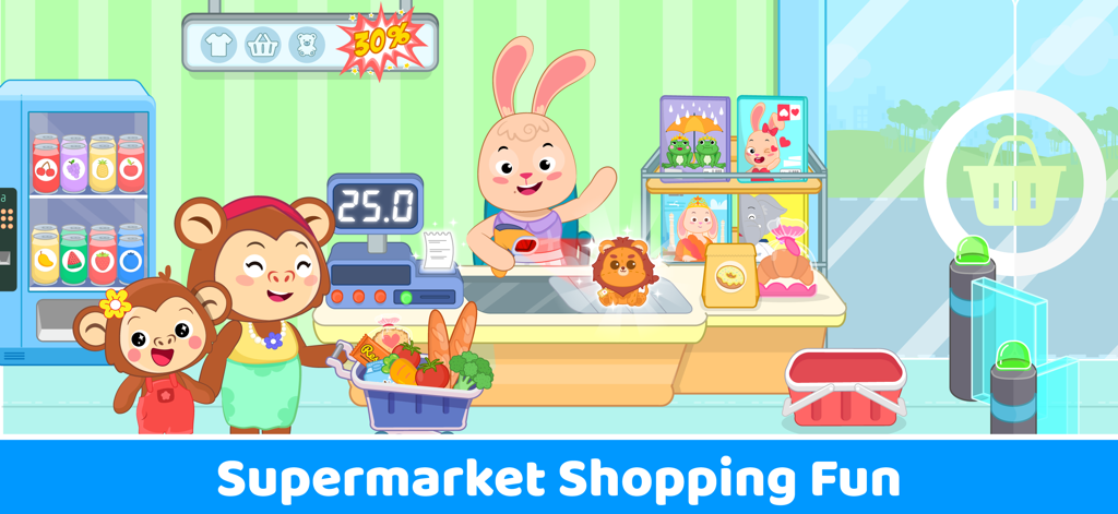 Supermarket Game Kids Shopping - Cajero conejo de dibujos animados escaneando artículos para una familia de monos en la caja de un supermercado