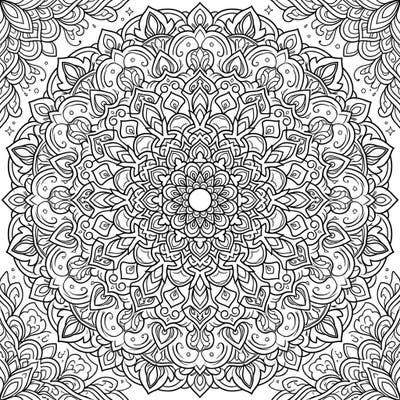 Dive into a world of intricate patterns with this stunning circular geometric mandala. Its radial symmetry and detailed elements offer a deeply satisfying and meditative coloring experience.