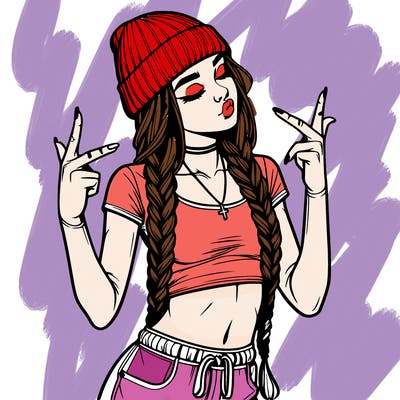 realistic teenage girl with braids and a beanie and crop top doing 🫶🏼