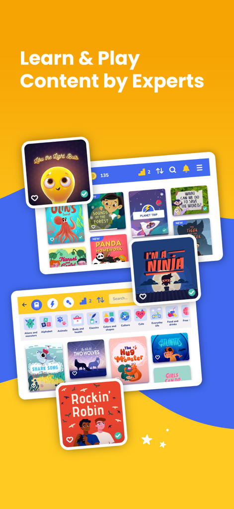 BOOKR Class Learn English - Una pantalla de libros animados y categorías de aprendizaje en la aplicación BOOKR Class.