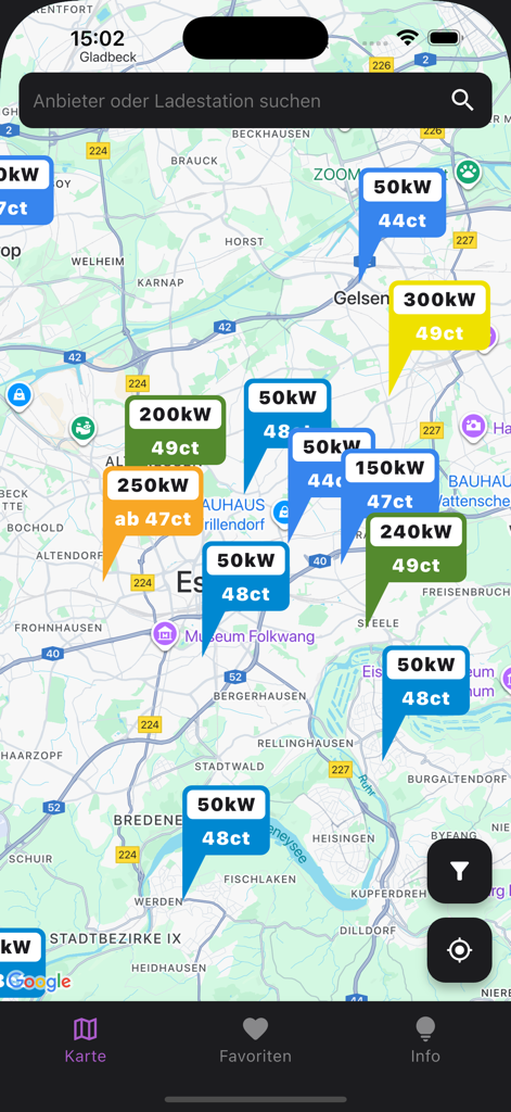 Ad-Hoc Map - 전기차 충전소의 전력 용량(킬로와트)과 킬로와트시당 가격을 보여주는 지도.