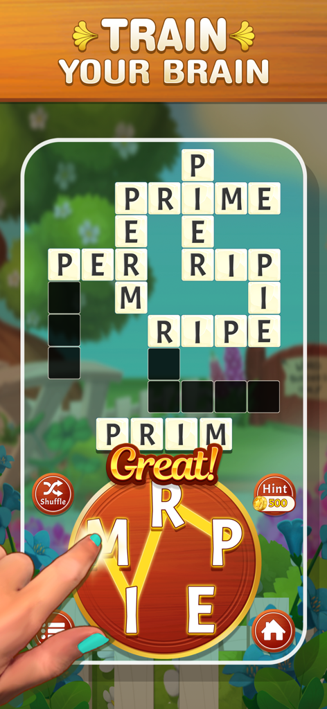 Gameplay of Game of Words featuring a crossword grid and a hand connecting letters on a wheel to solve puzzles.