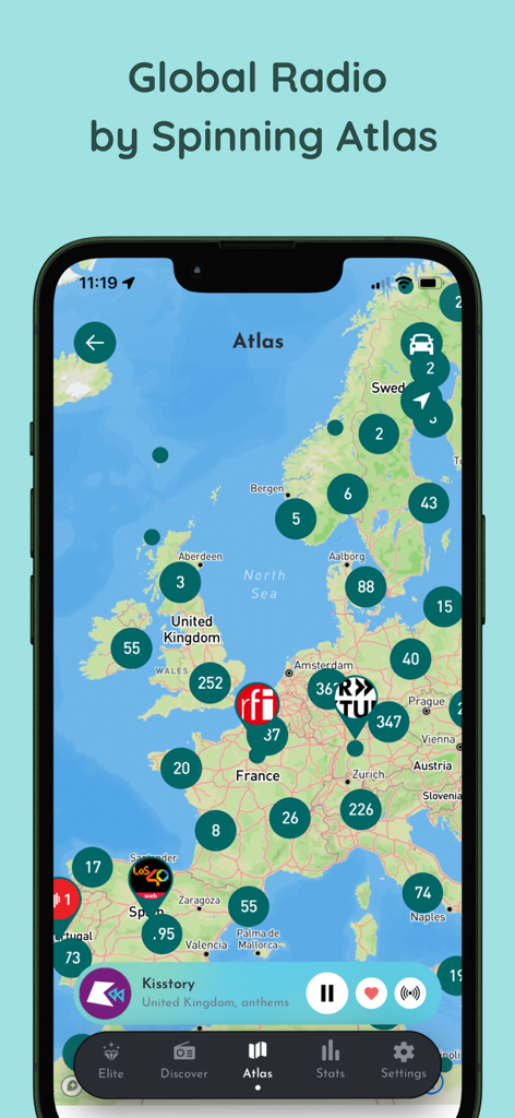 RadioPhone: Live Radio Station - Interfaz de la aplicación RadioPhone que muestra el mapa del atlas interactivo para descubrir estaciones de radio globales en vivo
