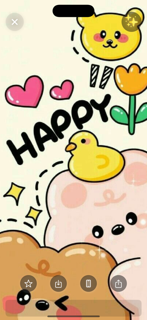 A cute aesthetic wallpaper featuring colorful cartoon animals, hearts, and the word Happy in a playful style.