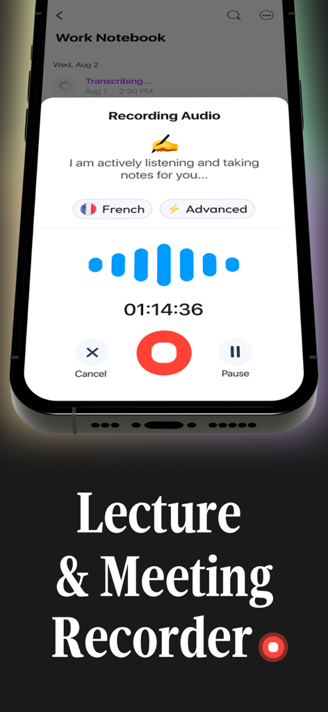 Greatnotes5 - AI Notes Taker - Greatnotes5 app interface showing an active audio recording for a lecture or meeting with AI transcription features
