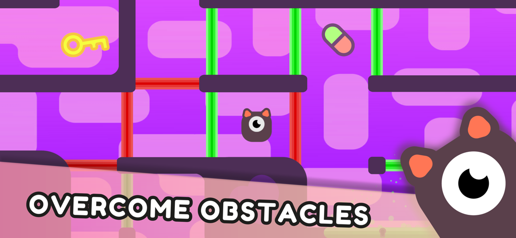 Screenshot of the Coloured Doors puzzle game showing a one-eyed character and the text Overcome Obstacles