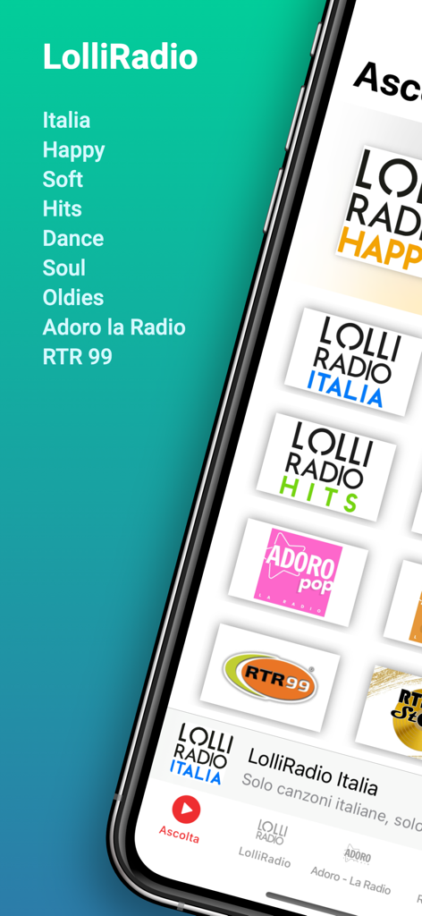 LolliRadio - Interfaz de la aplicación LolliRadio que muestra una lista de estaciones de radio italianas y canales de música por estado de ánimo