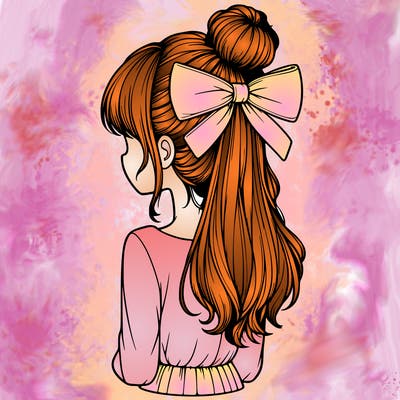 realistic girl  with hip length hair a bun and a big bow on the back of head