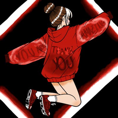 realistic girl jumping with a bun and oversized sweatshirt