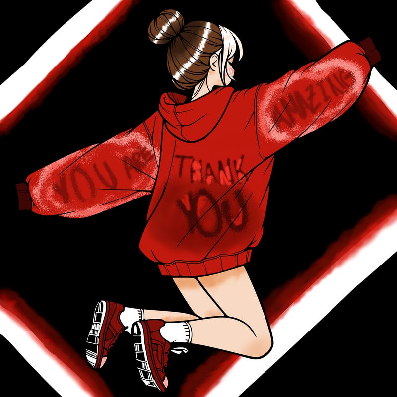 realistic girl jumping with a bun and oversized sweatshirt
